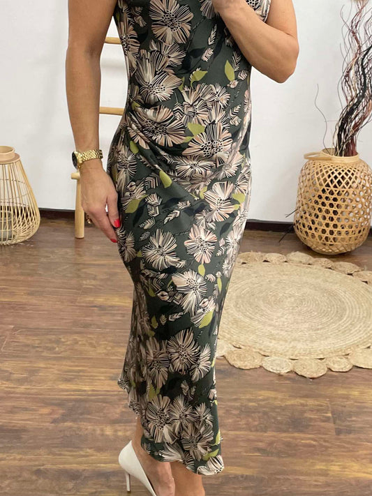 ELLA - Oldalt rakott maxi selyem ruha. Khaki