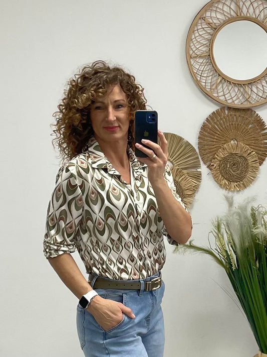 FILIPPA - Mintás jégselyem blúz. Khakizöld