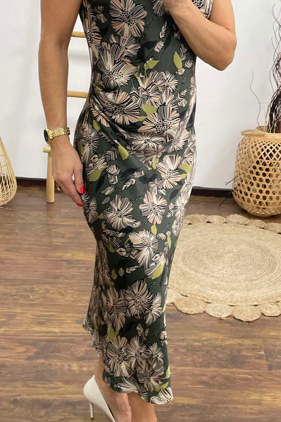 ELLA - Oldalt rakott maxi selyem ruha. Khaki