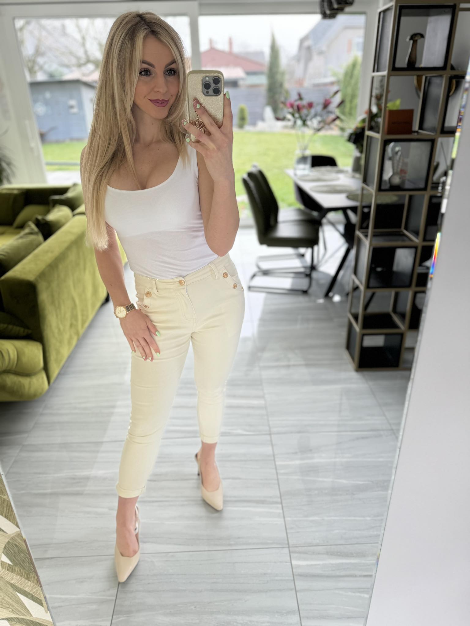 SELIN - Díszgombos boyfriend jeans Krém szín