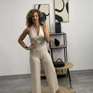 REGI - Nyakba kötős jumpsuit. Világos drapp