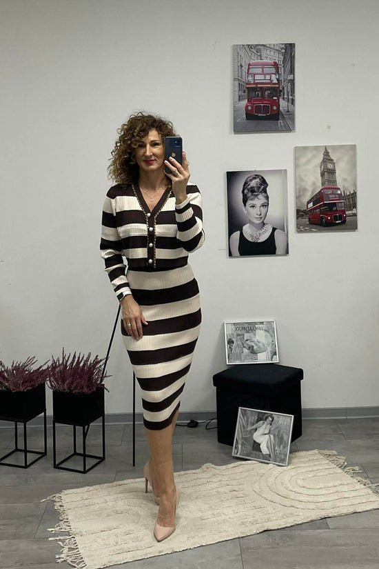 STRIPED - Kötött kétrészes ruha. Barna - Világos bézs