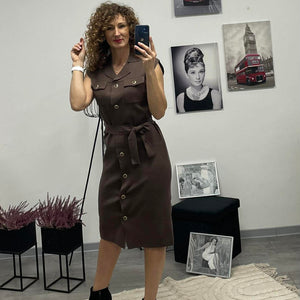 HÉRA - Kötött gombos maxi ruha. Barna