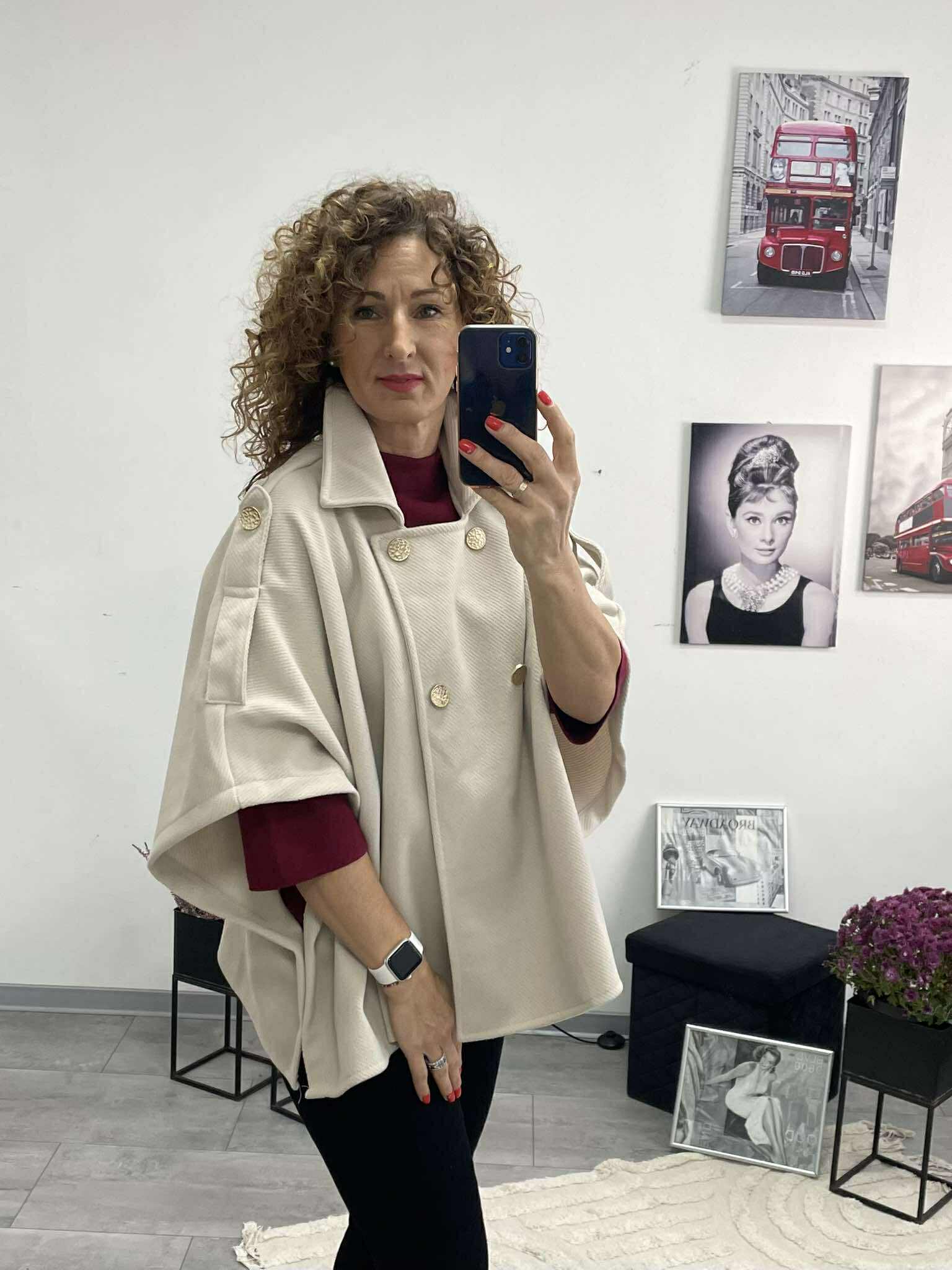 LINA - Szövet poncsó kabát. Világos bézs