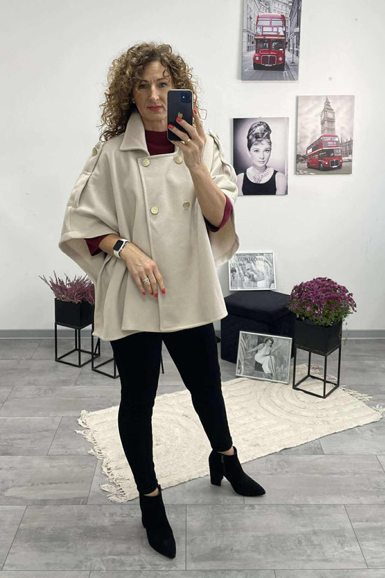 LINA - Szövet poncsó kabát. Világos bézs