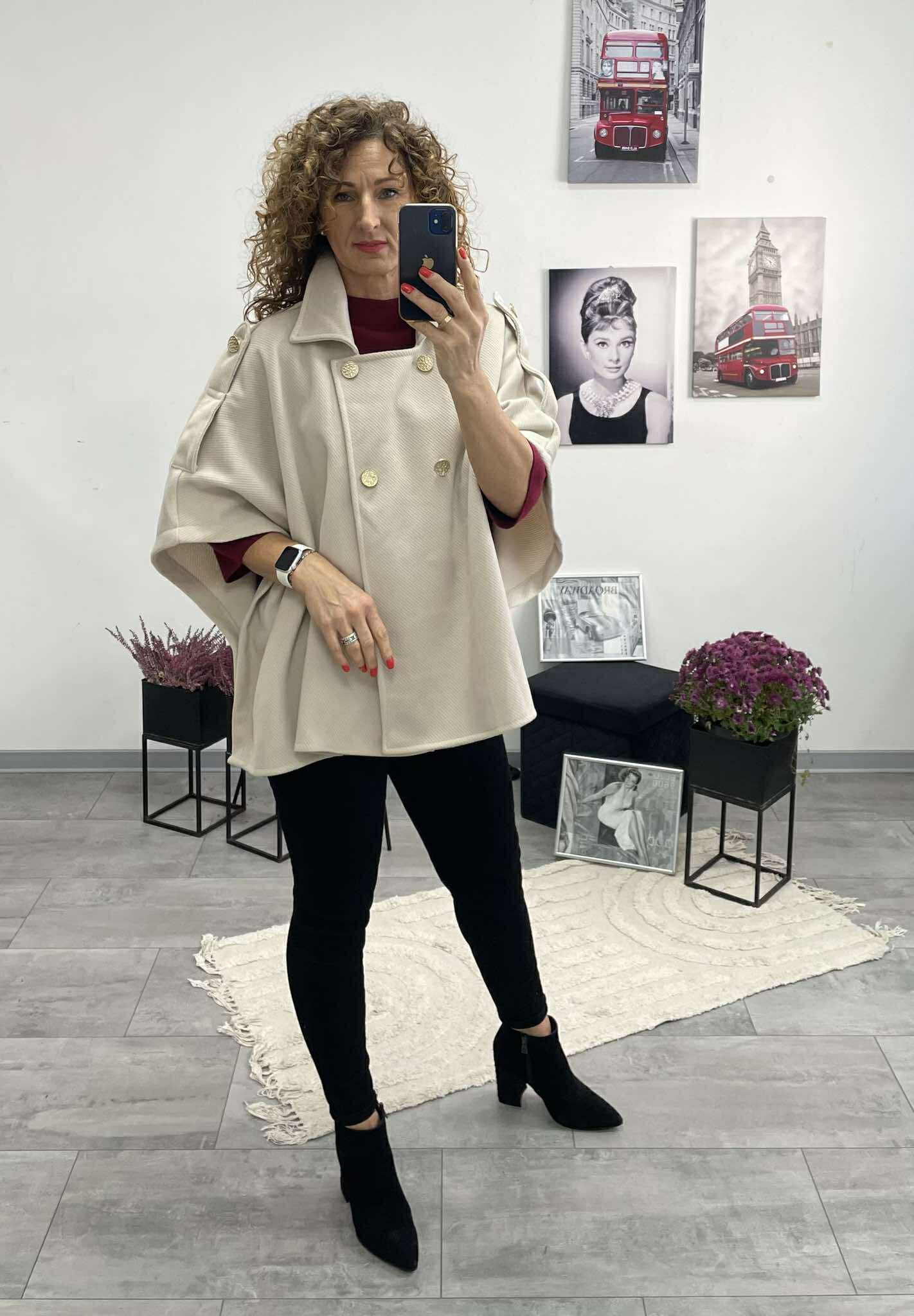 LINA - Szövet poncsó kabát. Világos bézs