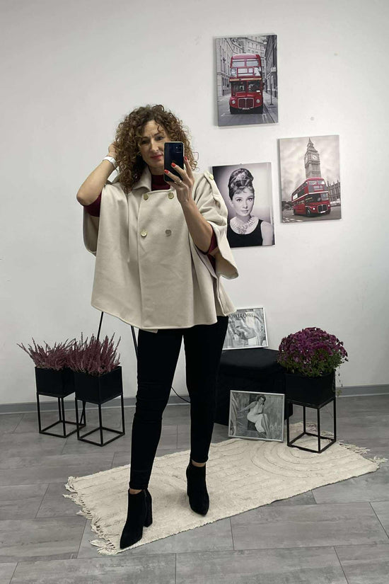 LINA - Szövet poncsó kabát. Világos bézs