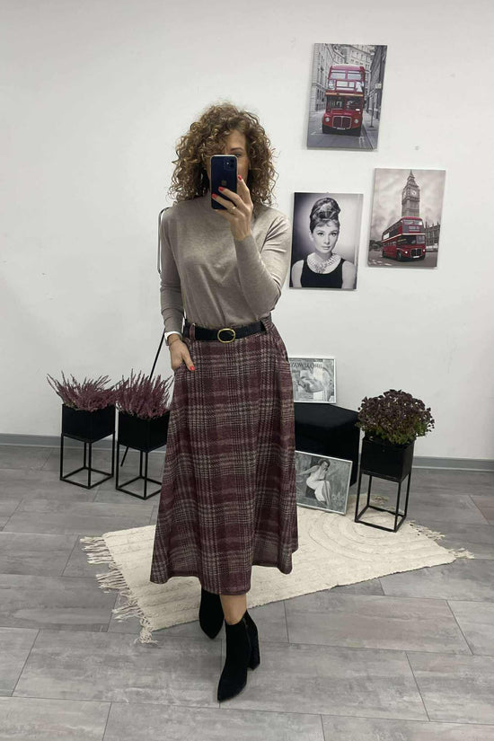 KÁTYA - Kockás maxi szoknya. Bordó