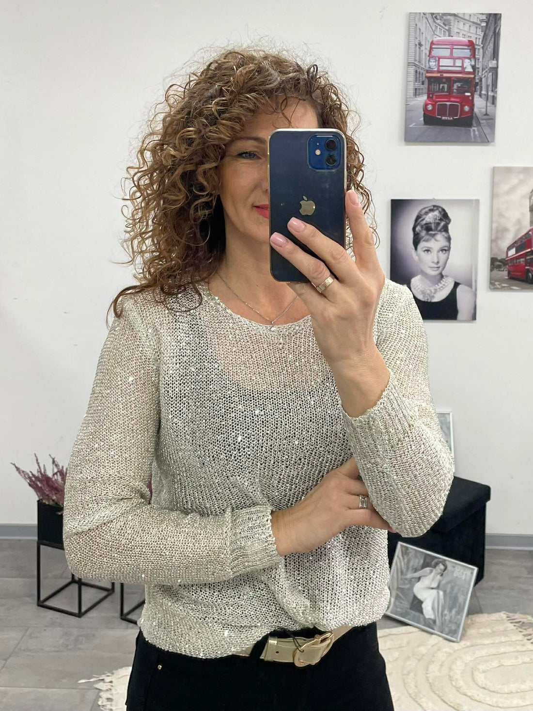 LIGHT - Csillogó szálas kötött felső Pezsgő