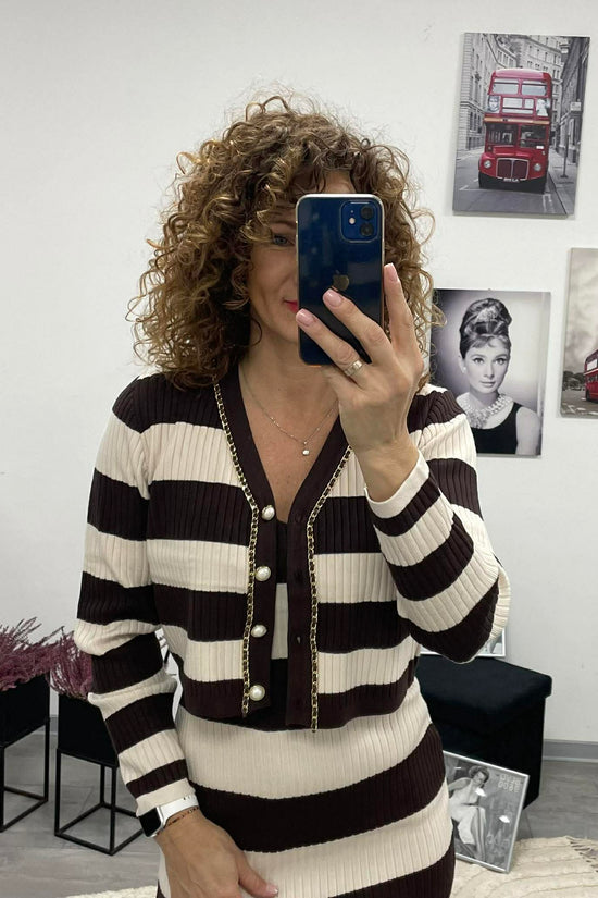 STRIPED - Kötött kétrészes ruha. Barna - Világos bézs