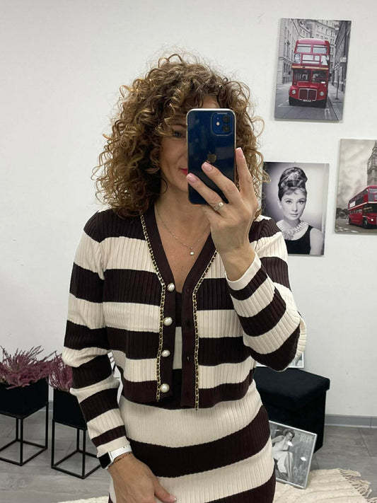 STRIPED - Kötött kétrészes ruha. Barna - Világos bézs
