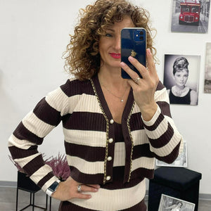 STRIPED - Kötött kétrészes ruha. Barna - Világos bézs