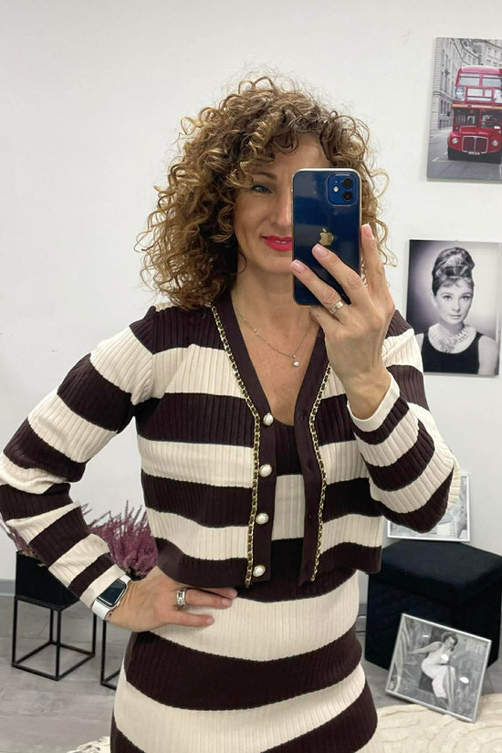 STRIPED - Kötött kétrészes ruha. Barna - Világos bézs