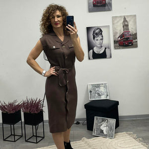 HÉRA - Kötött gombos maxi ruha. Barna