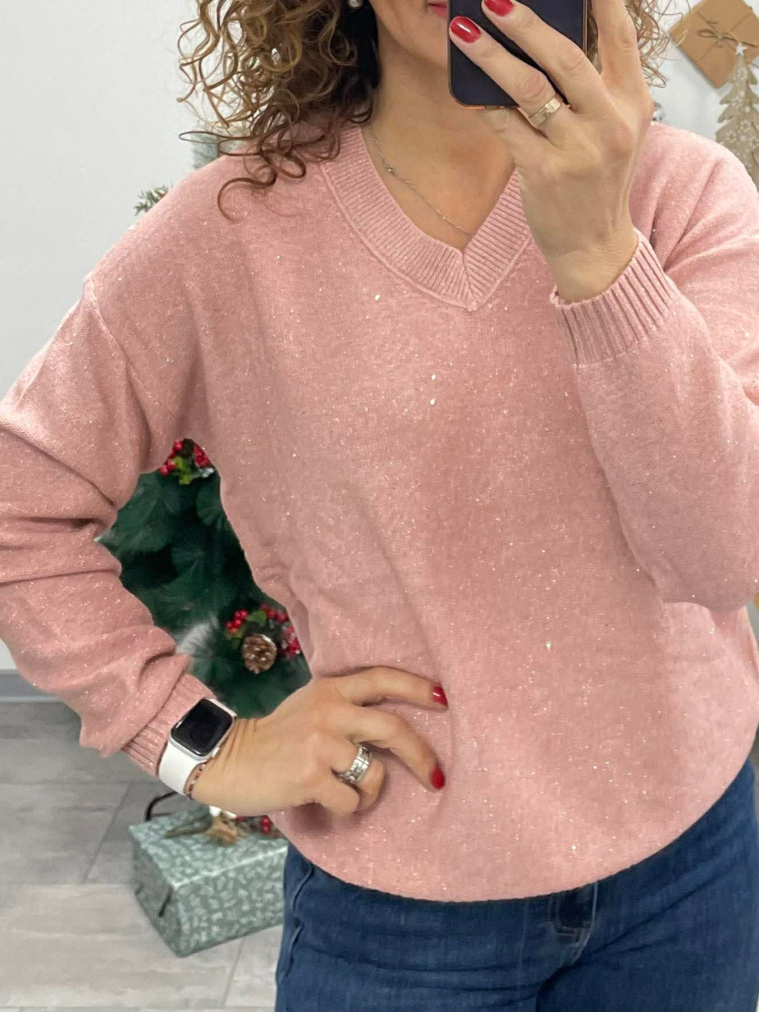 SHINING - Kötött lurexes pulóver. Rózsaszín