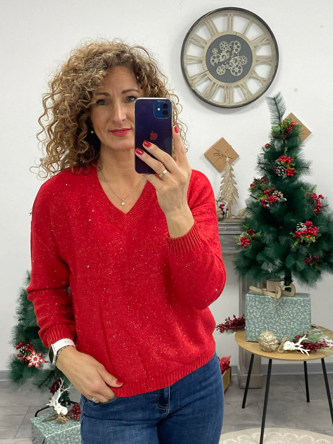 SHINING - Kötött lurexes pulóver. Piros