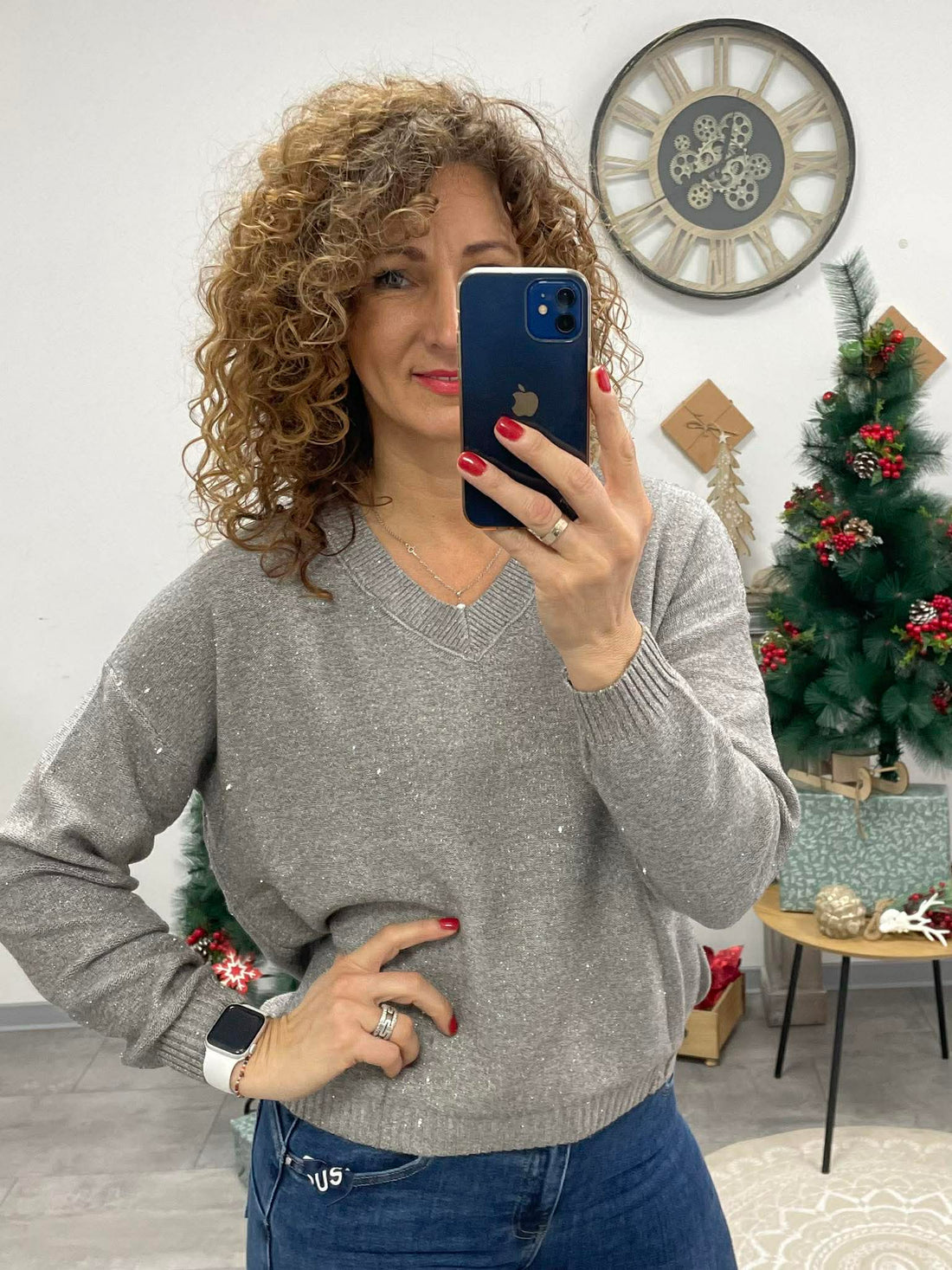 SHINING - Kötött lurexes pulóver. Szürke