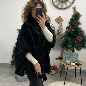 Pille - Szőrmés ponchó kabát. Fekete