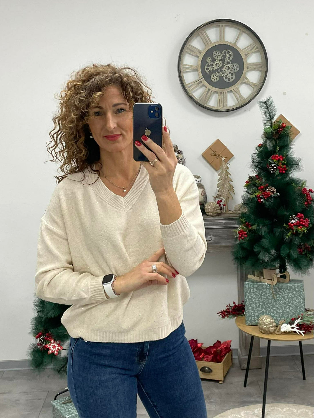 SHINING - Kötött lurexes pulóver. Világos bézs