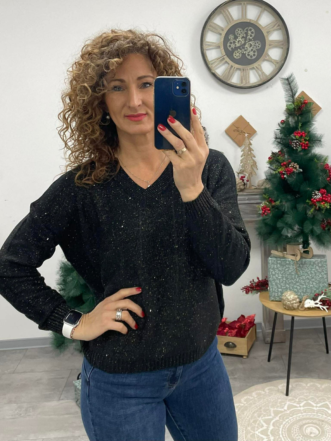 SHINING - Kötött lurexes pulóver. Fekete