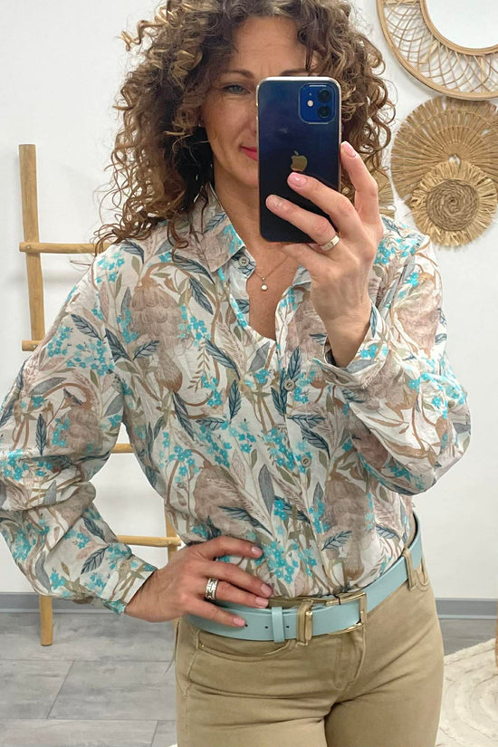 FLOWER - Virágmintás Blúz. Türkiz