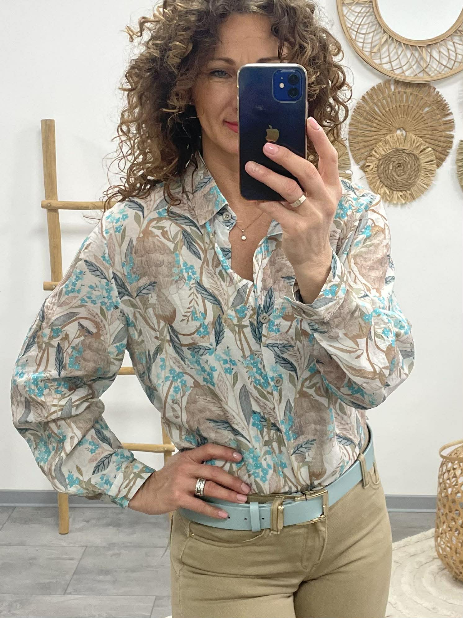 FLOWER - Virágmintás Blúz. Türkiz