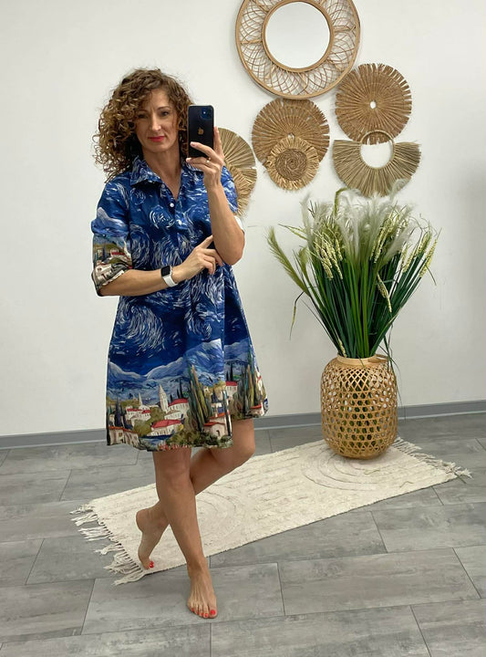 LANA - A vonalú vászon ruha. Kék