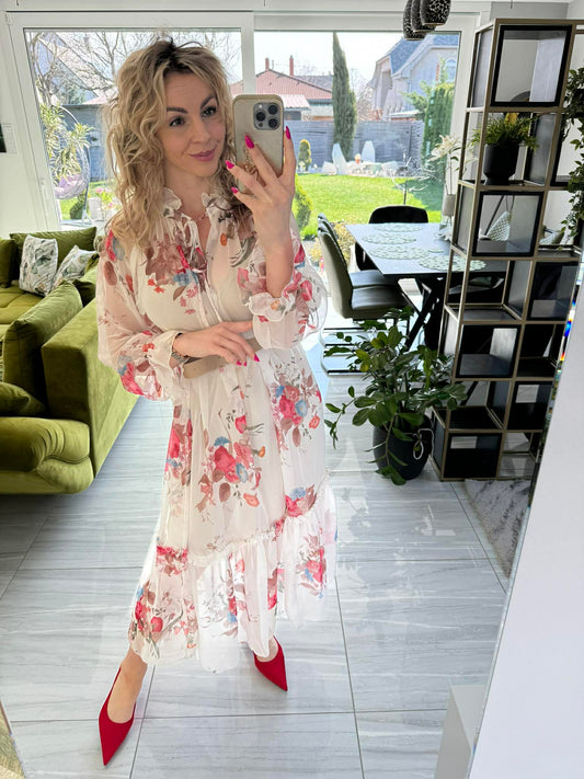 BELLA - Fodros mulszlin ruha. Törtfehér