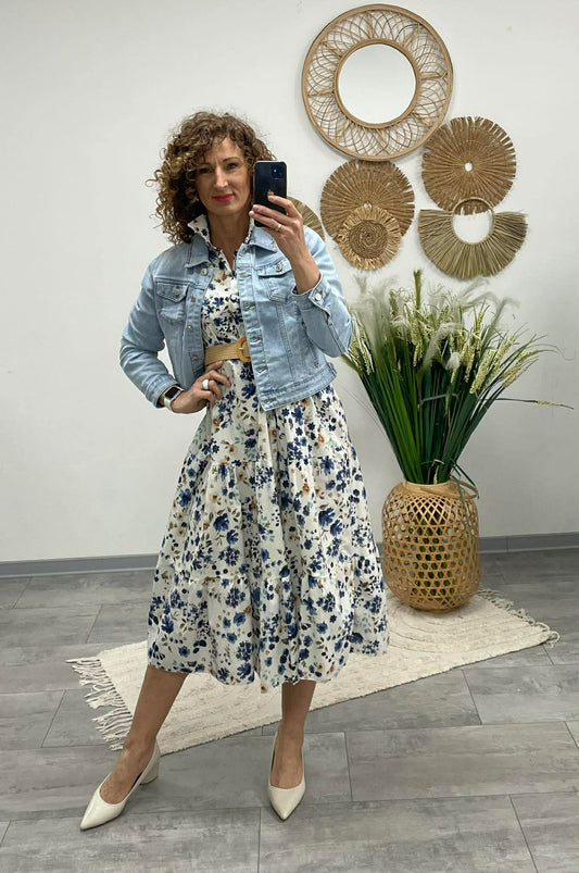 MIRA - Virágos vászon ruha. Sötétkék