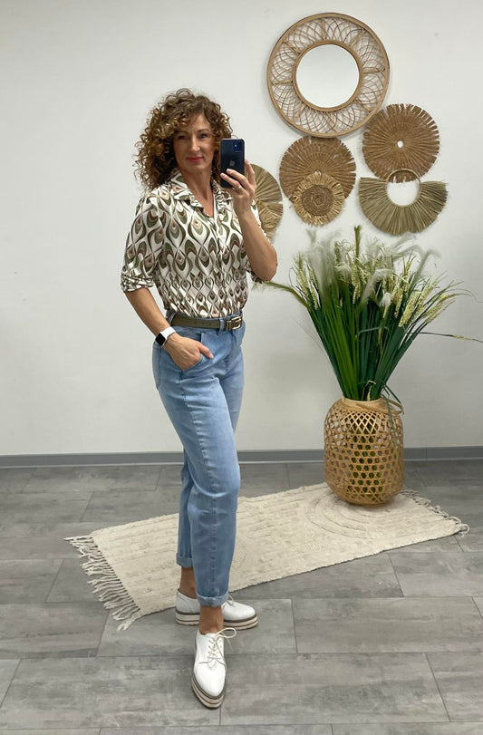 FILIPPA - Mintás jégselyem blúz. Khakizöld