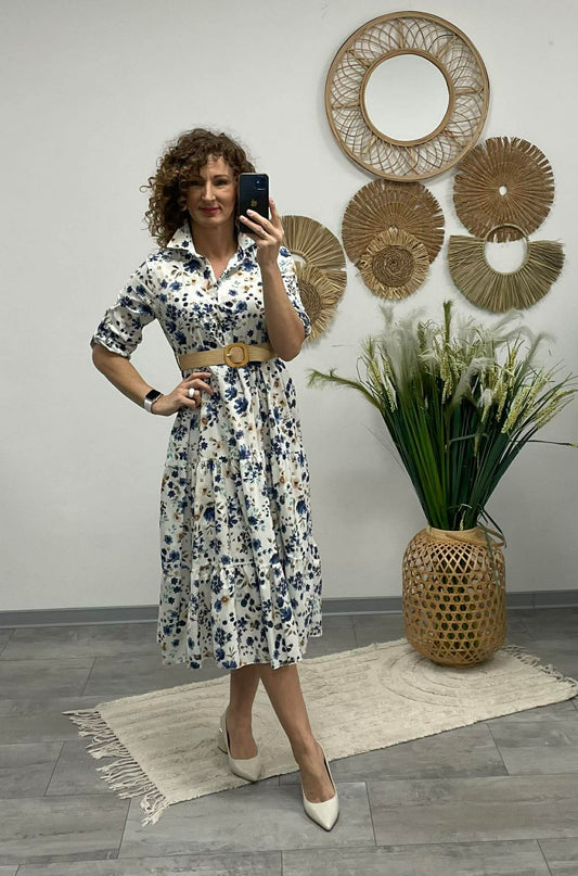 MIRA - Virágos vászon ruha. Sötétkék