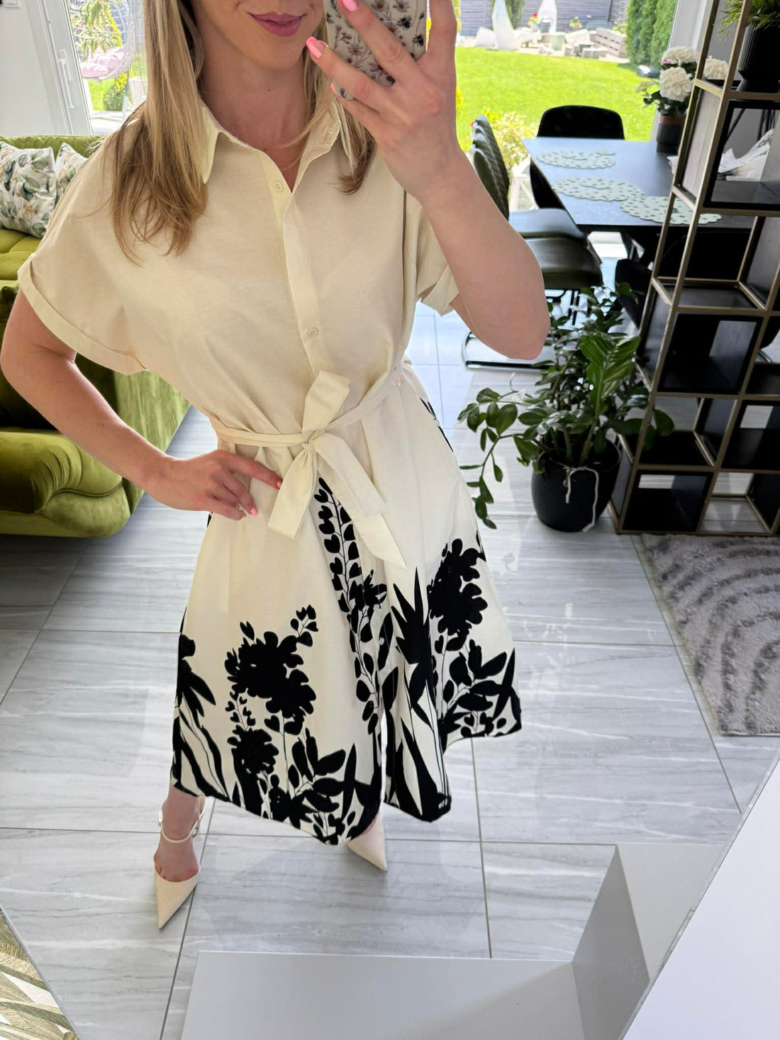 MINA - Vászon nyomott mintás ruha. Törtfehér