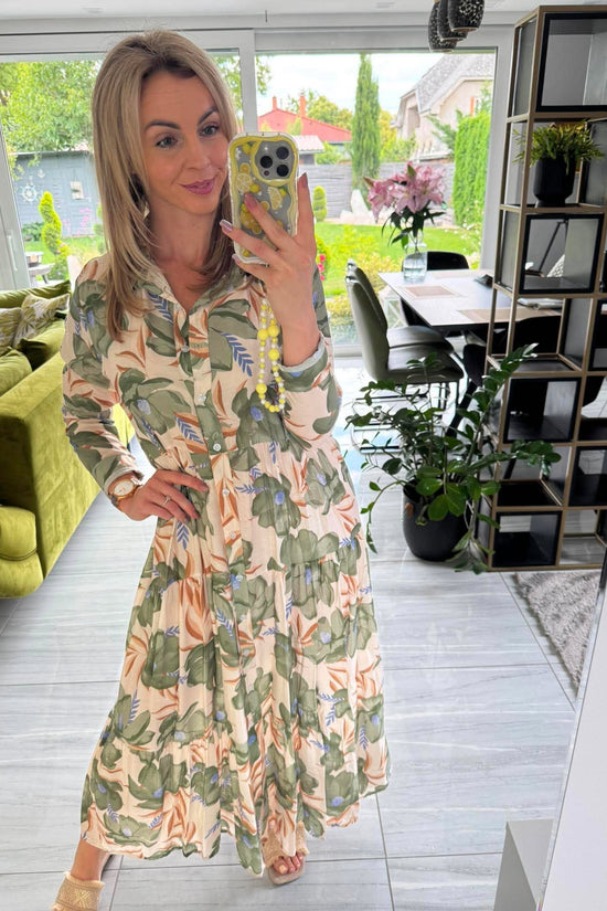 REINA - Mintás maxi ruha. Drapp