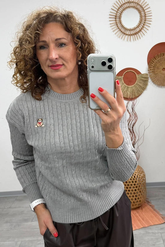TEDDI - Kötött csavart mintás pulóver. Szürke