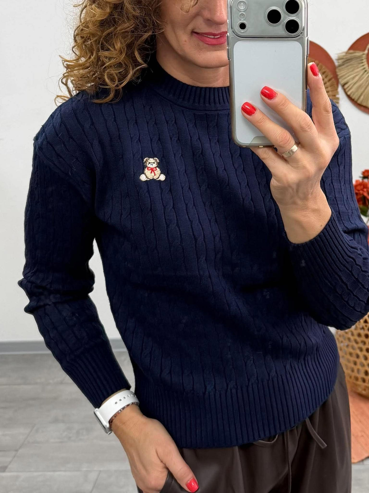 Teddi - Kötött csavart mintás pulóver. Sötétkék